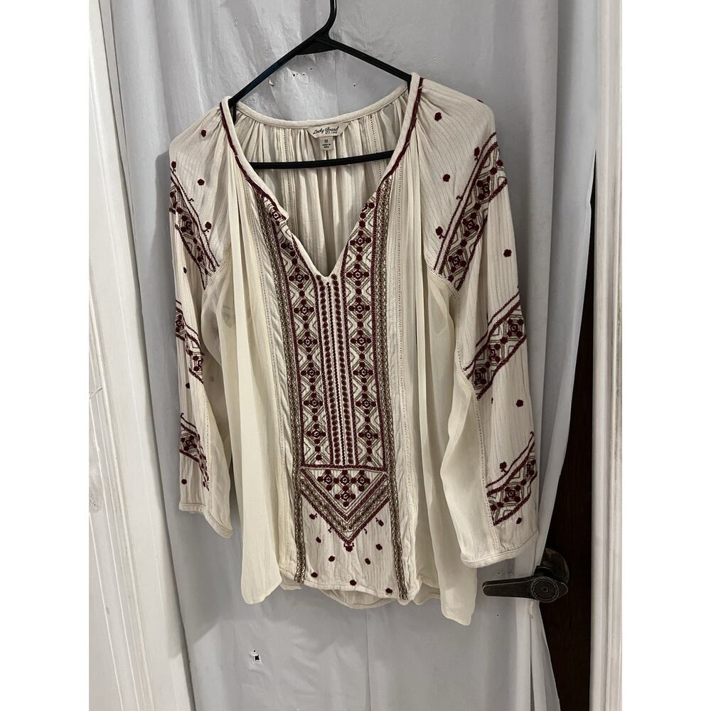 Lucky Brand Cream Red V Neck Peasant Embroidered Top Sz M Sheer Sides Boho